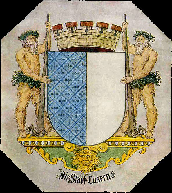 Old coat of arm of Lucerne with two giants on the sides Old coat of arm of Lucerne with two giants on the sides