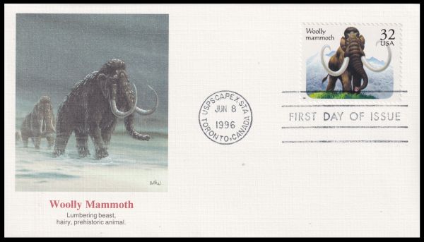 Woolly Mammoth on stamp and FDC of USA 1996