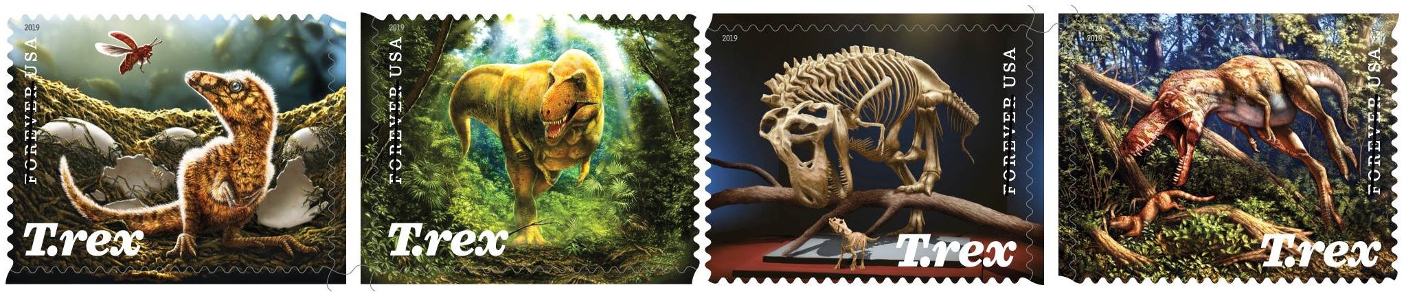 Tyrannosaurus rex on stamps of USA 2019