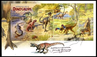 Signed FDC with dinosaur stamps of Australia