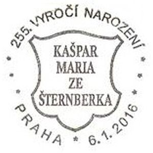 Commemorative postmark of Czech 2016 fpor 255th anniversary of Kaspar Maria