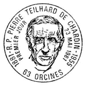 Anthropologist R.P. Pierre Teilhard de Chardin on commemorative postmark of France 1981
