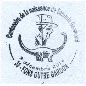 Saturnin Garimond and sauropod dinosaur on commemorative postmark of Fance 2014