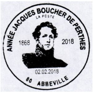 Jacques Boucher de Crèvecœur de Perthes on commemorative postmark of Rance 2018