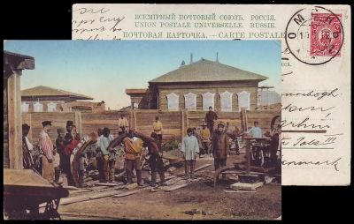 Mammoth tusks trasportation on postcard of Russia 1912