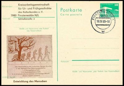 Evolution tree and human evolution sequence on the cachet of postal stationery of German Democratic Republic 1990