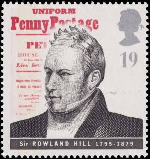 Rowland Hill on postage stamp of Great Britain 1995